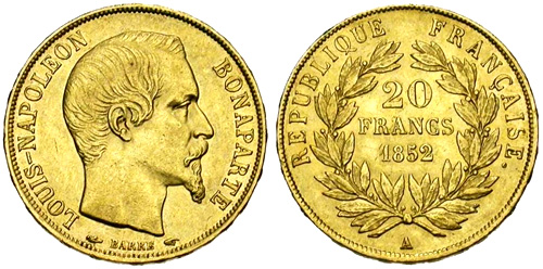 20 Francs or 1852 Louis Napoleon Bonaparte